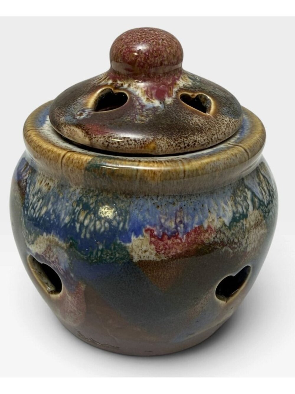 Rustic Ceramic Potpourri Jar w/ Lid Blue Brown Farmhouse Country Loom Co Heart